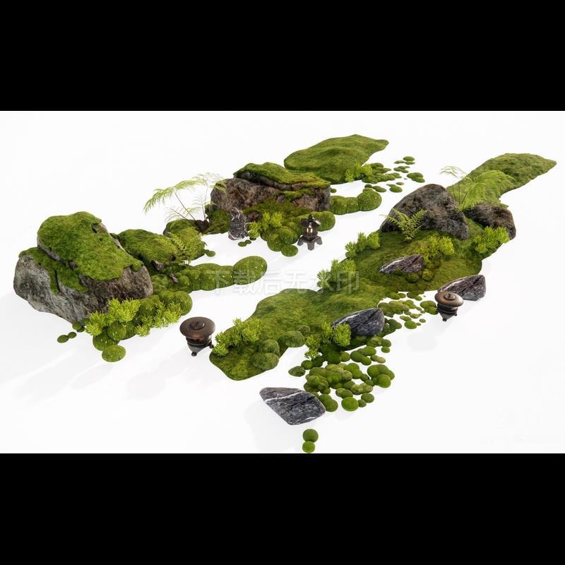 日式新中式微地形 苔藓庭院小品 景观石头植物造景草图大师SU模型