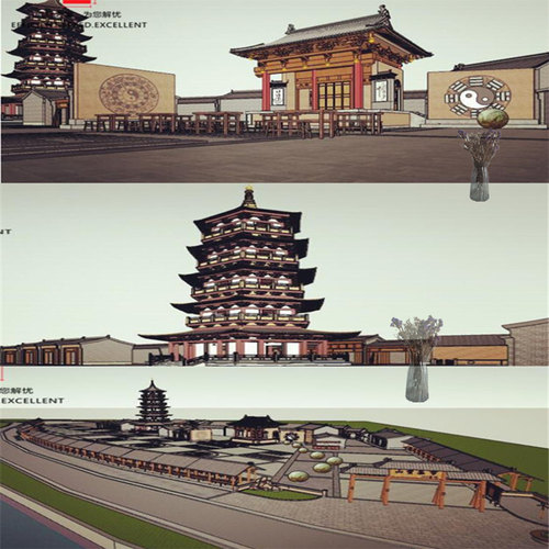 中式风格 古建商业街戏台塔集市SU模型古典江南中式
