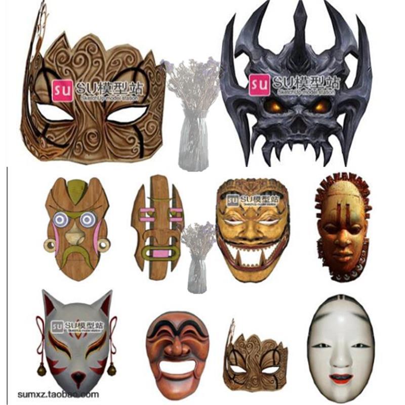 脸谱面具SU模型化装舞会室内墙壁装饰鬼脸挂饰草图大师模型34款