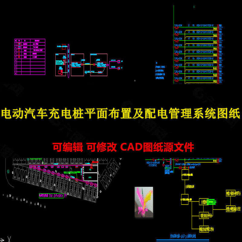 0087 车库电动汽车充电桩平面布置及配电管理系统CAD图纸