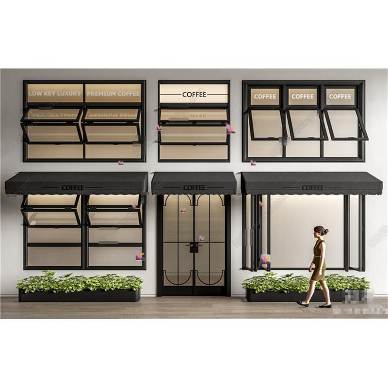 5423现代咖啡店网红折叠窗 窗户 门头门面 遮阳棚 玻璃门SU模型