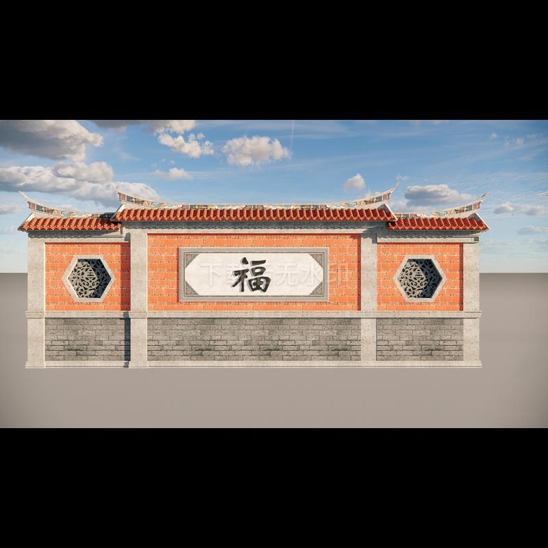 新中式室内景观 闽南风格照壁 闽南红砖建筑景观 草图大师SU模型