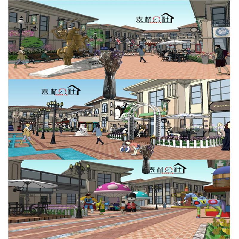 西班牙欧式购物广场商业街步行街SU模型建筑景观卡通雕塑小品场景