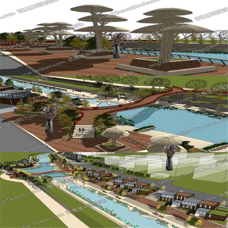 公园SU模型玻璃长廊景区雕塑滨水河道景观天桥滨河建筑景观小品