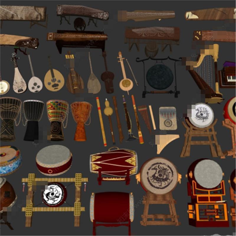 古典乐器 古筝琵琶笛子 手鼓擂鼓民族乐器 腰鼓 琴草图大师SU模型