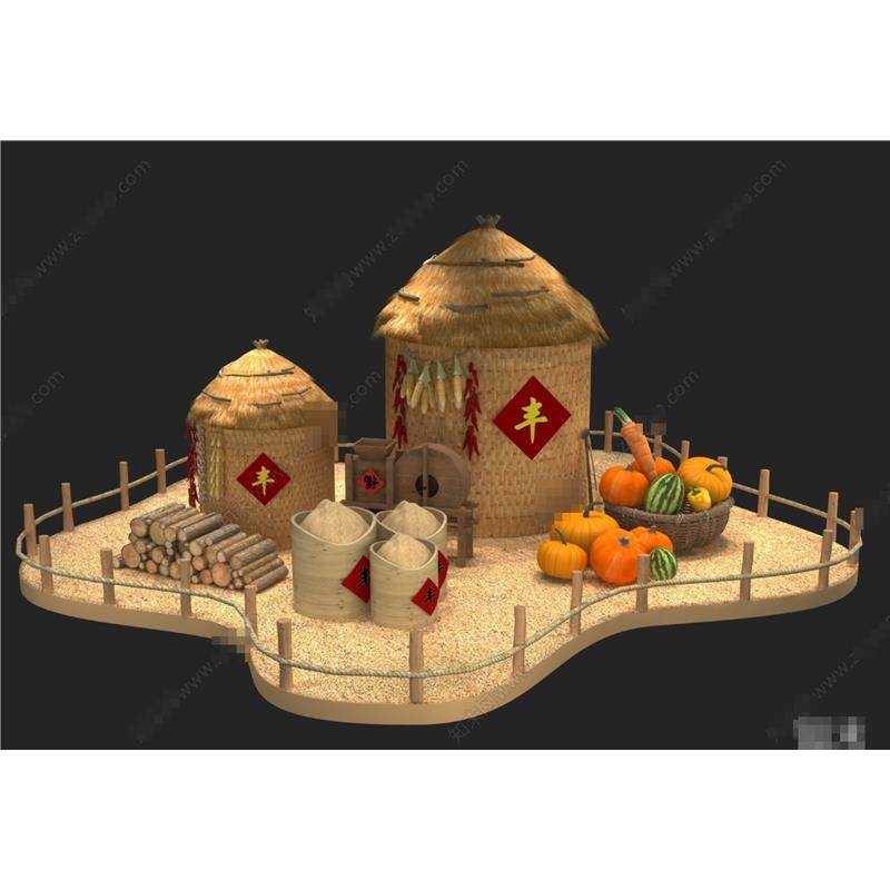 5964中式丰收美陈 粮仓 蔬菜 南瓜 柴火堆 稻谷 SU模型