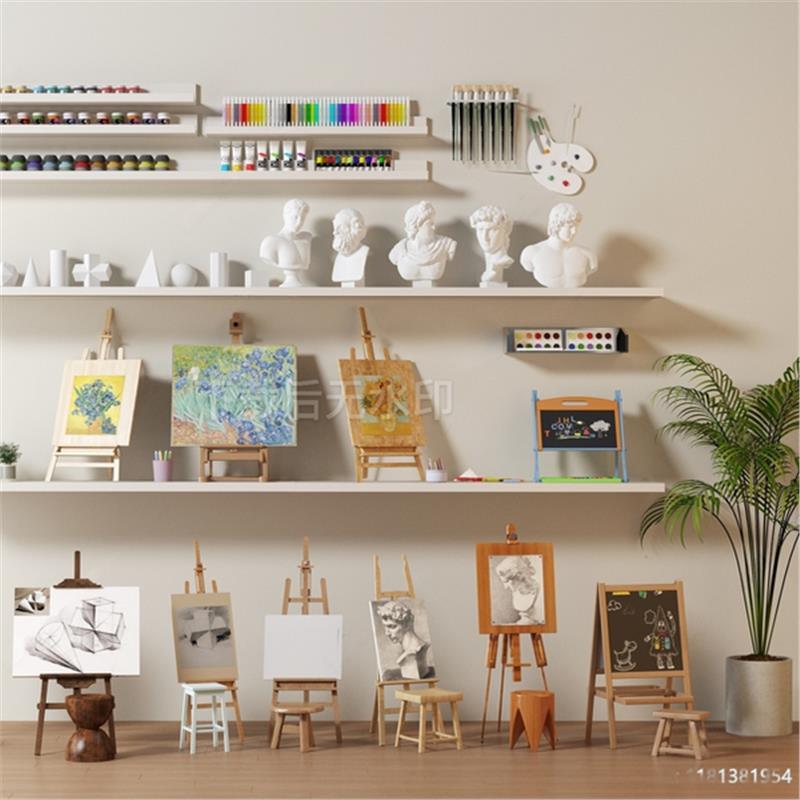 现代画具 画架 画 画室  颜料 石膏雕塑 摆件装饰草图大师SU模型