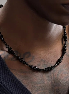 高级感小众黑曜石复古项链嘻哈串珠项链链个性中性颈链潮情侣礼物
