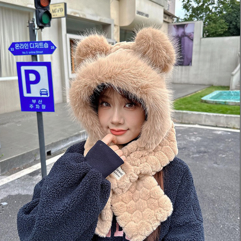 可爱小熊粉红色保暖帽少女学生冬帽子