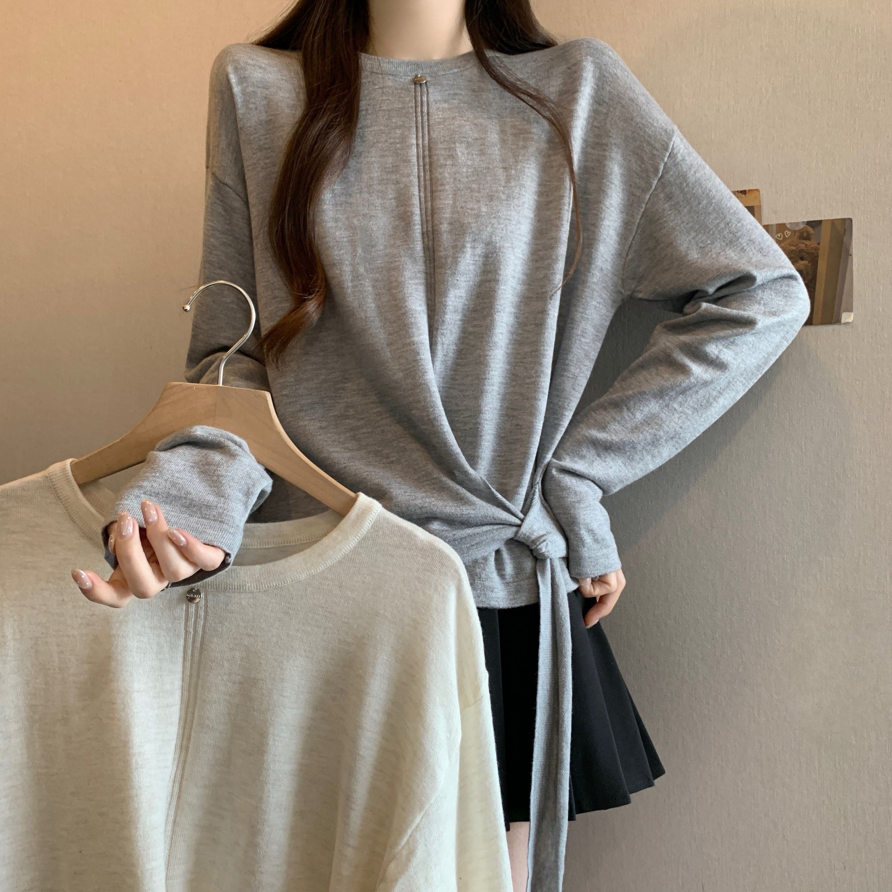 玖月大码灰色圆领长袖T恤女胖MM不规则抽绳百搭内搭打底衫上衣,女装/女士精品,大码内搭,淘宝优惠券,粉丝福利购,淘宝优惠卷