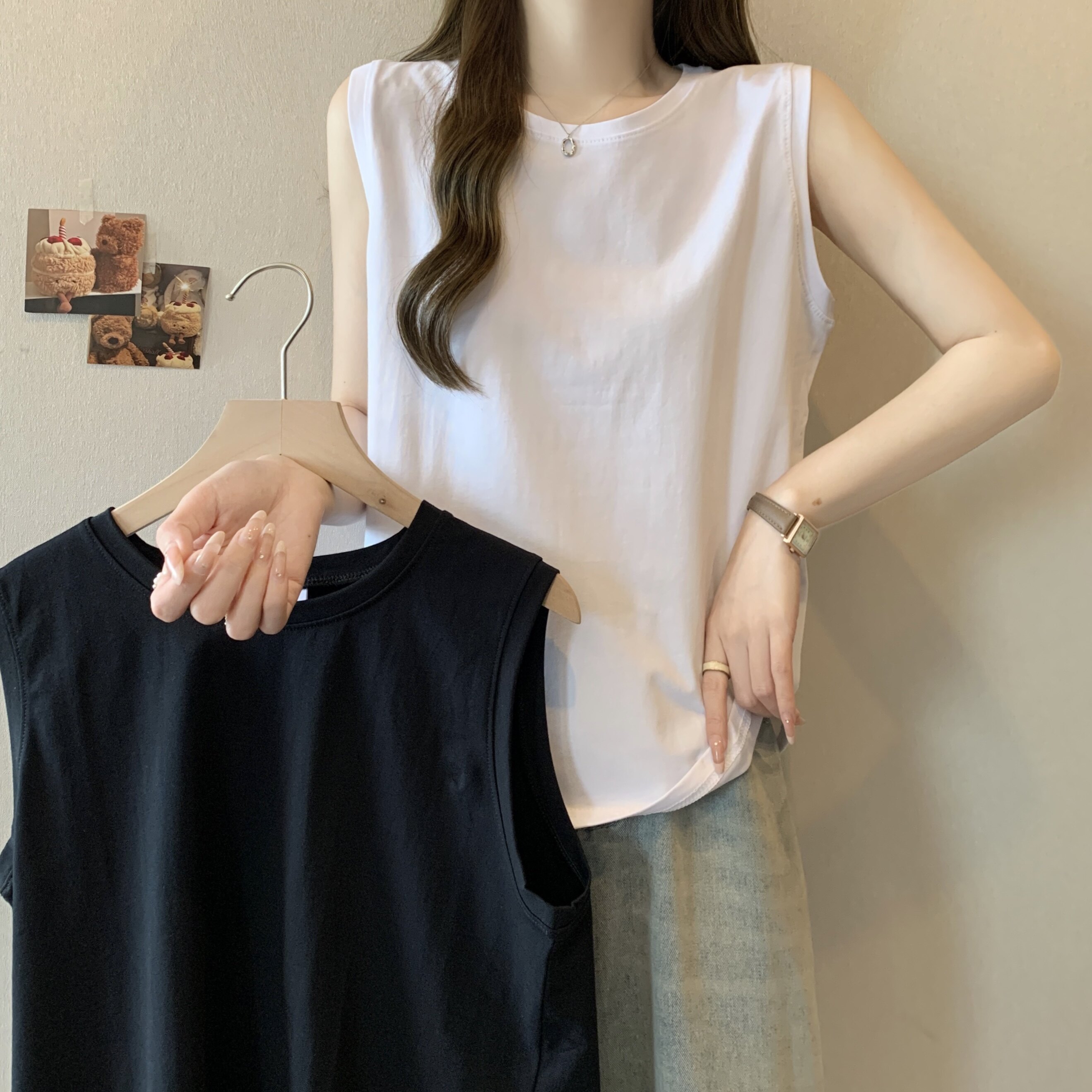 玖月大码无袖百搭白色背心女胖mm内搭外穿打底韩版t恤