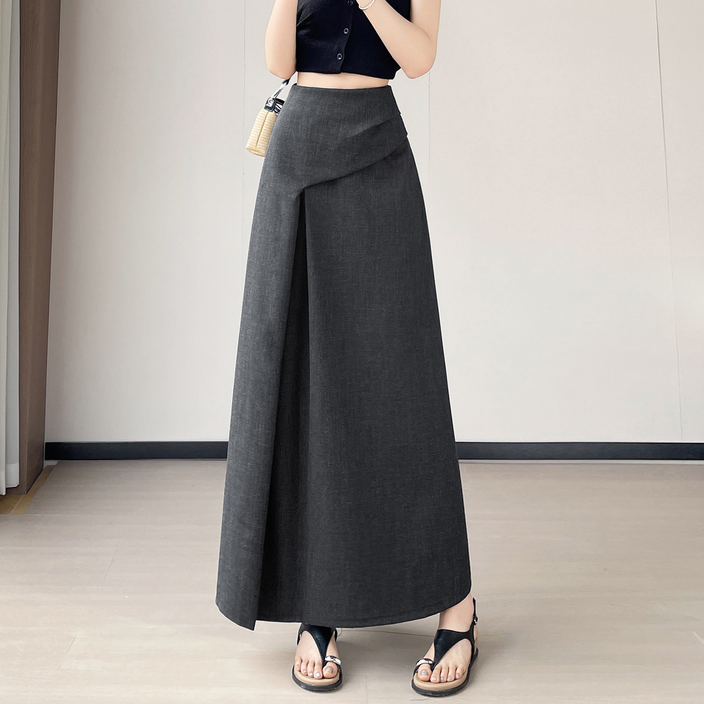 玖月开叉半身裙女春夏2026新款不规则高腰显瘦垂坠感a字休闲长裙