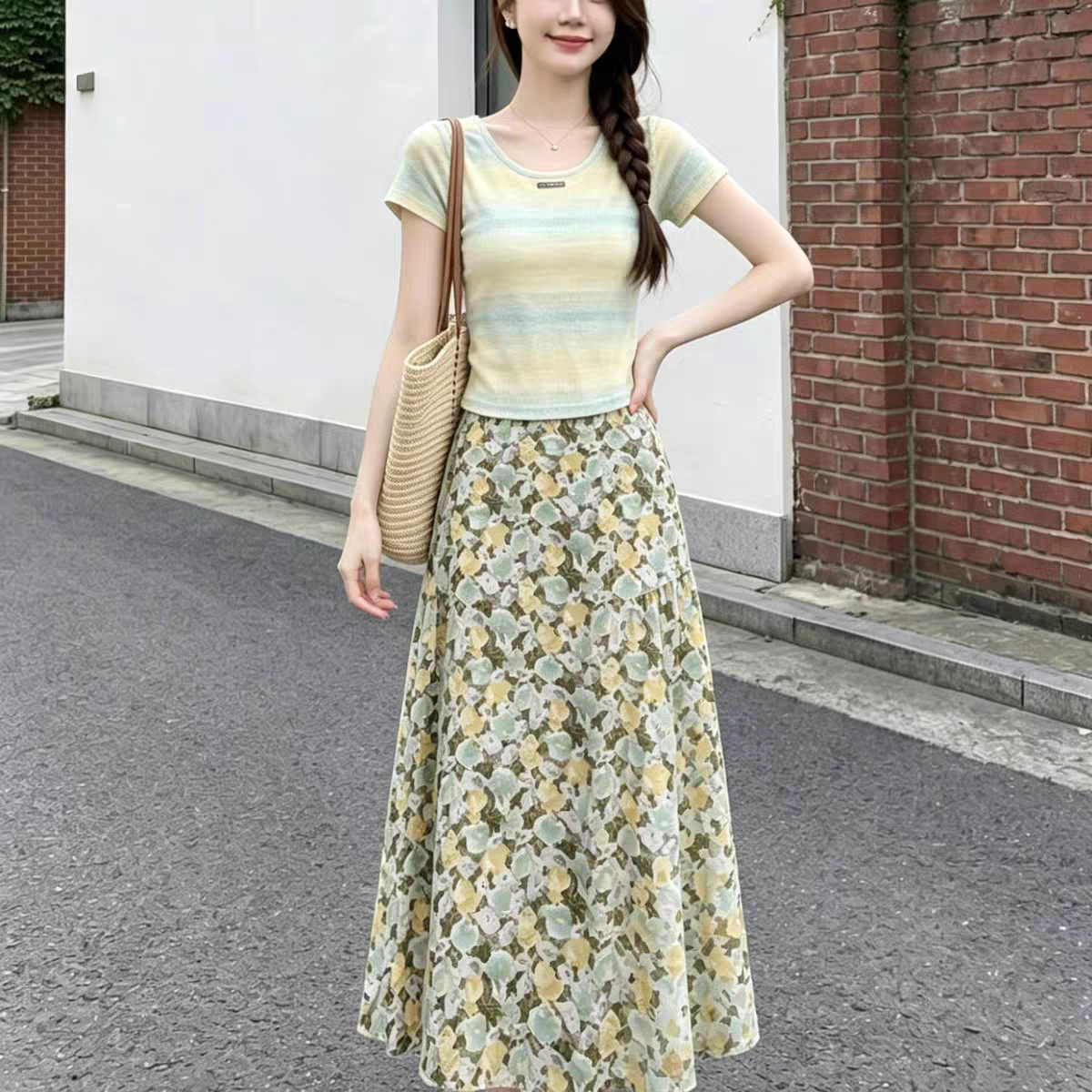玖月夏季小清新套装女短款条纹气时尚套装