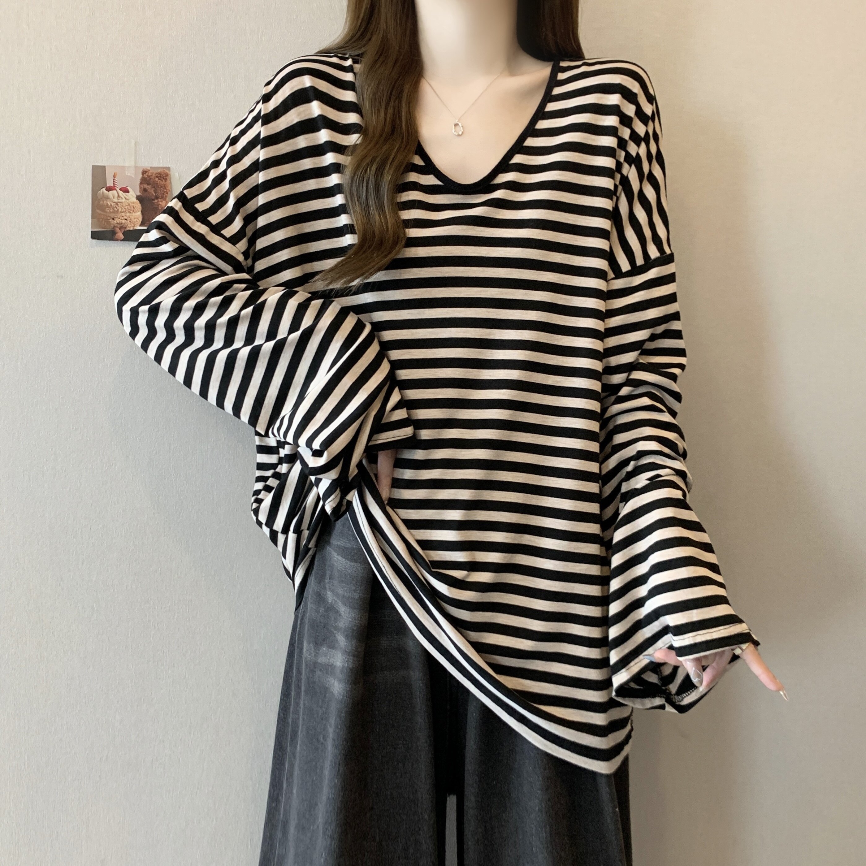 玖月大码慵懒风复古拼色条纹长袖t恤女春款宽松中长款显瘦上衣