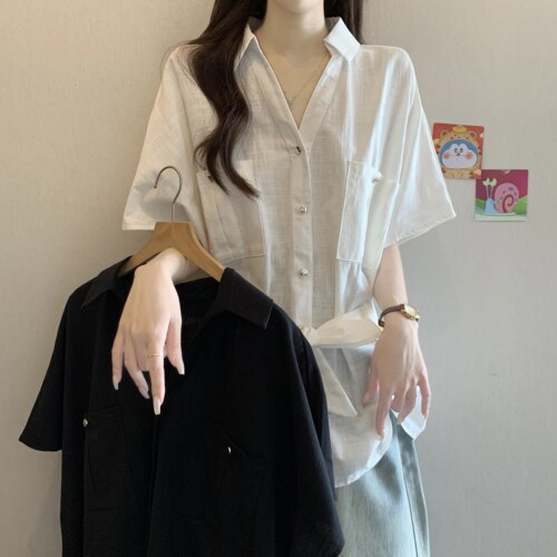 玖月高级感法式polo领正肩短袖衬衫女夏胖MM气质收腰显瘦百搭