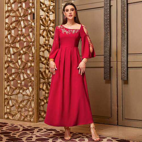 欧美风重工钉珠长裙女修身显瘦气质宴会连衣裙Long sleeved dress