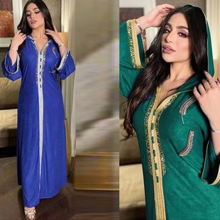 摩洛哥风格中东镶钻长袍女迪拜连帽连衣裙 Indonesian long dress
