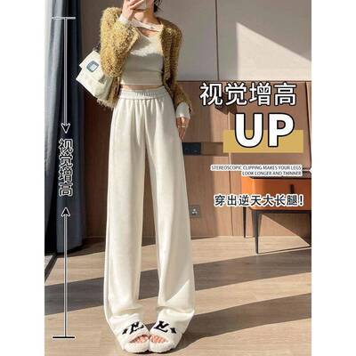 SRS色窄版醋酸羊毛阔款裤女秋冬腿加绒2025新灰直筒休闲垂感糯米