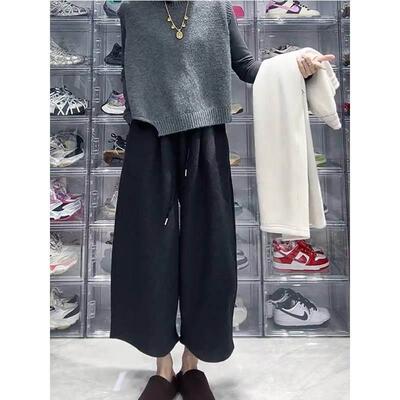 2024冬季款加新腰绒毛呢裤大尺码高宽松LFQ阔腿裤女胖mm显瘦九奶