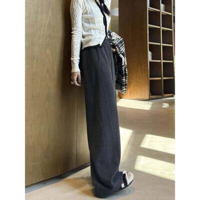 灰加绒羊毛阔JAQ腿裤子女裤秋冬腰垂感糯米卫裤醋酸高弯色刀裤直