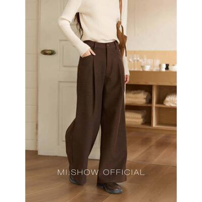 谜秀10闲.3新品茶咖色BWT呢阔腿裤 高毛垂腰感长裤2025秋冬休裤