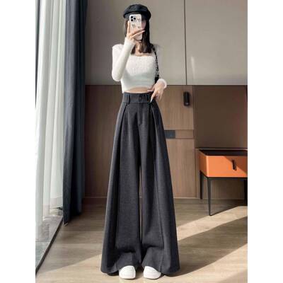 高级感加绒加厚VTJ灰色毛显呢西装裤女宽冬季松瘦垂感拖地阔腿裤