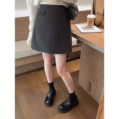 灰色毛呢半身裙秋冬新款胖mm百色搭BEUa包臀裙高腰显瘦黑字大短码