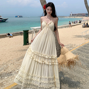 超仙海边度假风连衣裙设计感重工木耳边露背长裙子旅游约会裙子