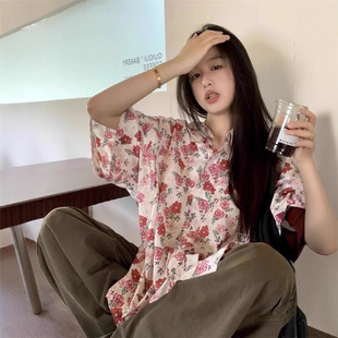 设计感小众薄款 chic港味复古碎花短袖 韩版 女夏季 衬衣宽松 衬衫