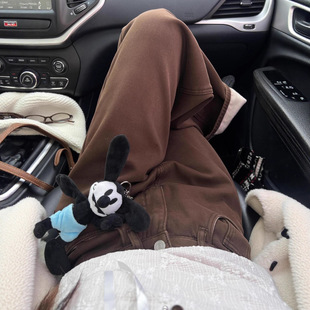 胖mm宽松显瘦小个子加绒直筒裤 爆款 大码 女秋冬款 咖棕色阔腿牛仔裤