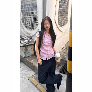 新款 2025夏季 衬衫 韩系学院风粉色条纹正肩掐腰剪裁设计感短袖