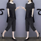 条纹套装 女士欧洲站时尚 2025新款 七分裤 夏季 短袖 两件套 5XL大码