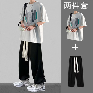 一套港风高级感潮流t恤搭配牛仔裤 夏季 男宽松时尚 套装 两件套 短袖