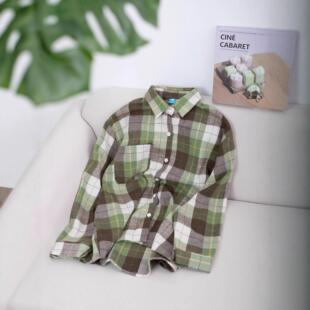 衬衣 港味chic宽松休闲情侣款 日系绿色格纹衬衫 外穿女2025新款