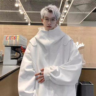 白色开衫卫衣男款2024春秋新款高级感痞帅美式重磅宽松连帽衫