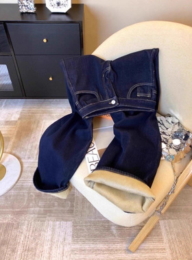 深蓝色窄版直筒牛仔裤女冬季爆款加绒加厚宽松高腰显瘦小众阔腿裤