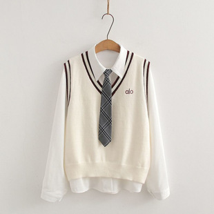2025秋季套装女学生学院风字母套头马甲+尖领衬衫领带洋气两件套