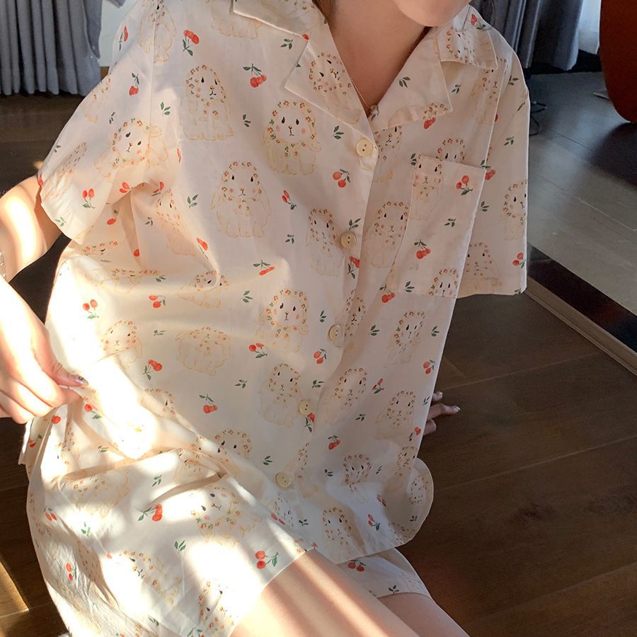甜美印花小兔可爱睡衣女款2024新款夏季开衫短袖套装可外穿