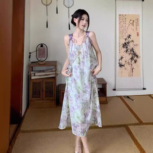 气质垂感长裙 有内里 甜美紫色碎花吊带连衣裙女温柔度假风夏季