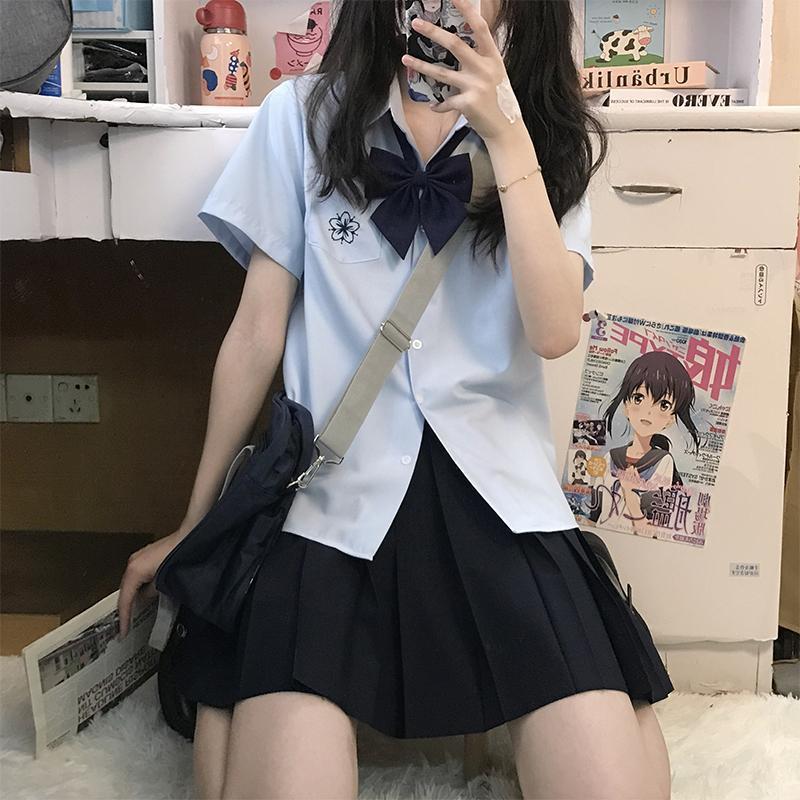 樱木北原创短袖jk上衣白蓝色刺绣女衬衣夏jk制服学院风纯欲风
