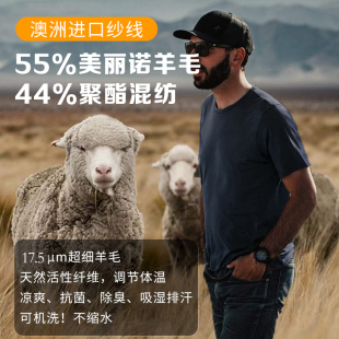 可机洗不缩水透气速干 55%美丽诺羊毛T恤防臭防晒短袖 夏季 户外男士