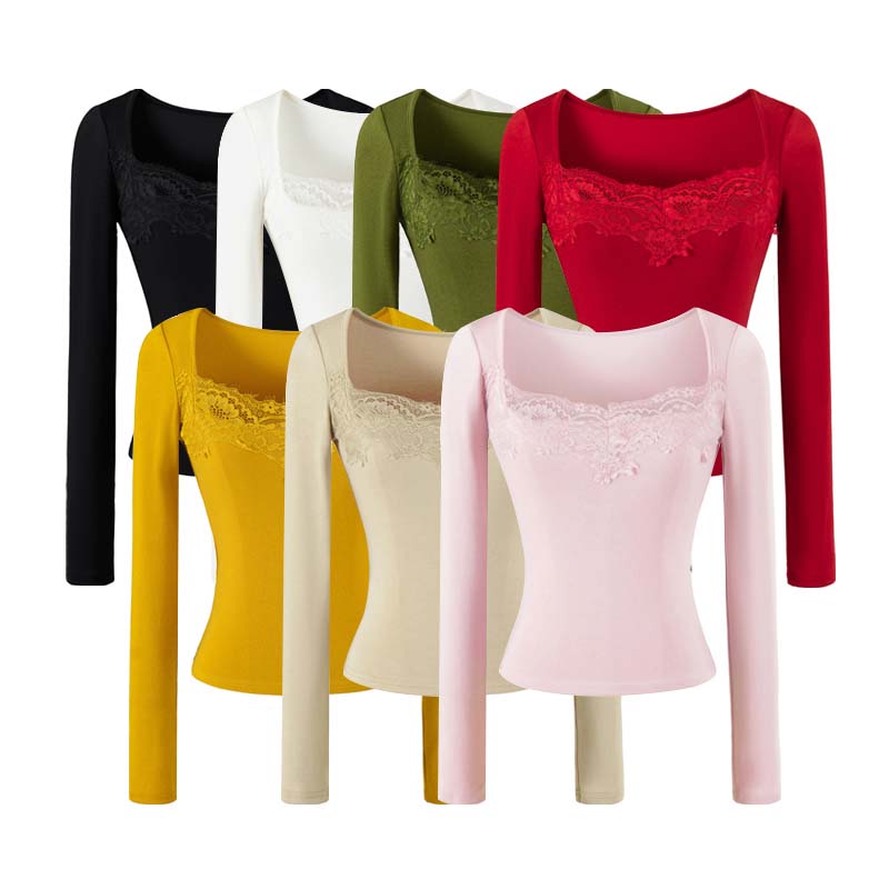 纯欲蕾丝方领长袖显瘦打底T恤