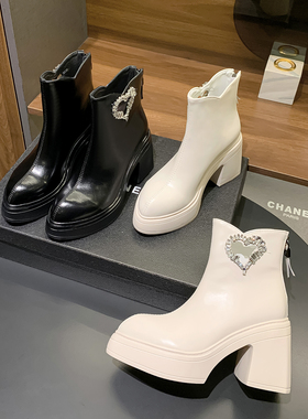 小个子10cm厚底增高粗跟短靴女秋冬新款水钻方扣后拉链时装靴
