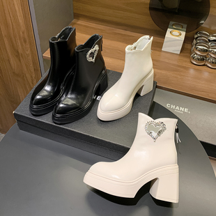 小个子10cm厚底增高粗跟短靴女秋冬新款水钻方扣后拉链时装靴