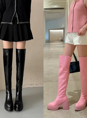 10cm尖头超高跟过膝靴子厚底粗跟防水台秋冬季小个子时尚真皮长靴