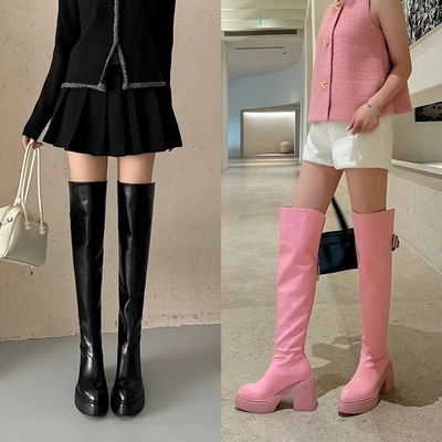 10cm尖头超高跟过膝靴子厚底粗跟防水台秋冬季小个子时尚真皮长靴