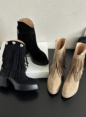 10cm超高更短靴粗跟尖头短靴女欧美风流苏靴秋冬新款小个子增高靴