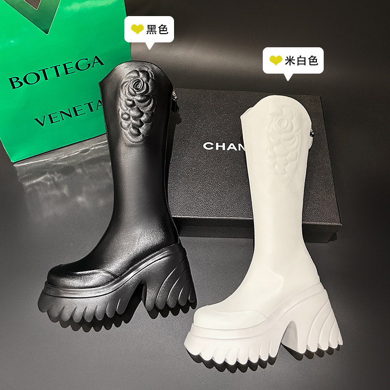 2024秋冬新款骑士靴V口长筒靴粗跟女靴花卉图案设计单绒真皮女鞋,女鞋,骑士靴,淘宝优惠券,粉丝福利购,淘宝优惠卷