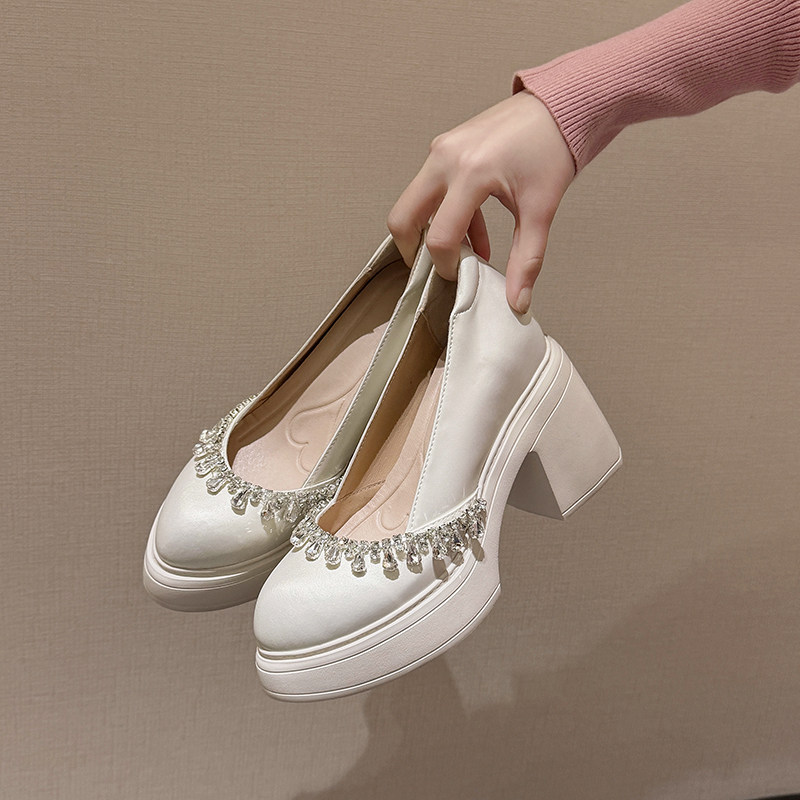 法式珍珠玛丽珍鞋女厚底内增高12厘米水钻单鞋小个子粗跟高跟鞋