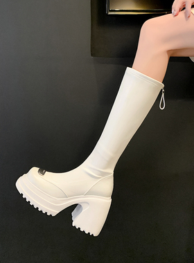 真皮高跟小个子骑士靴女2024新款白色粗跟高筒靴显瘦不过膝长靴子